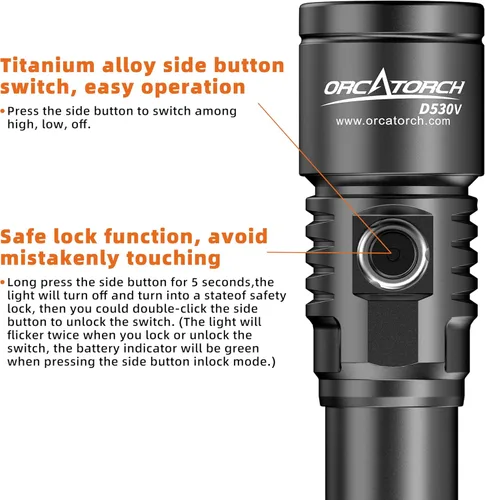 Miniatura 3 de ORCATORCH D530V 1200 lúmenes de luz de video subacuática, linterna de buceo de haz súper ancho de 120°, 2 modos con rótula ZJ18, IP68 impermeable