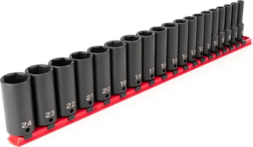 TEKTON Juego de dados de impacto de 6 puntos profundos de 3/8 pulgadas con riel, 19 piezas (0.236-0.945 in) | SID91107