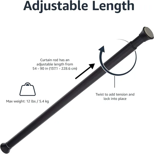 Miniatura 3 de Amazon Basics Barra de cortina de tensión de resorte resistente ajustable, sin perforación/sin agujeros, 54-90 pulgadas, negro, remate clásico