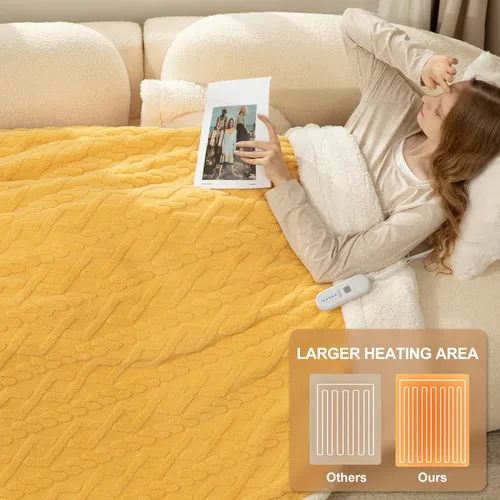 Miniatura 6 de Manta eléctrica tamaño individual 62"X84" amarilla - Manta cálida y gruesa de sherpa con calefacción para invierno con 5 niveles de calentamiento