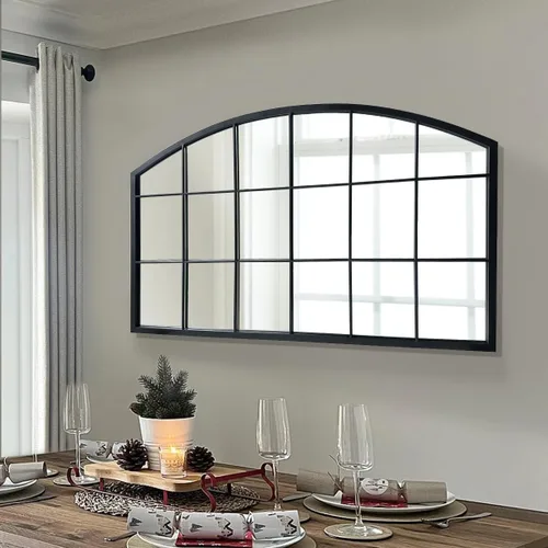 Miniatura 5 de WAMIRRO Espejo de pared de rejilla negra, espejo de ventana ancha negro, espejo de pared arqueado de granja, espejo de repisa para chimenea, Black-2