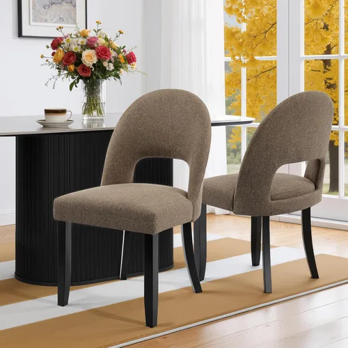 Miniatura 20 de Juego de 2 sillas de comedor de madera, modernas sillas de comedor tapizadas para cocina con tela de lino y respaldo abierto, patas de madera
