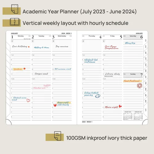 Miniatura 2 de POPRUN Agenda semanal 2023-2024 (6.5 x 8.5 pulgadas), agenda académica semanal y mensual (23 de julio a 24 de junio) con tapa dura de cuero, agenda