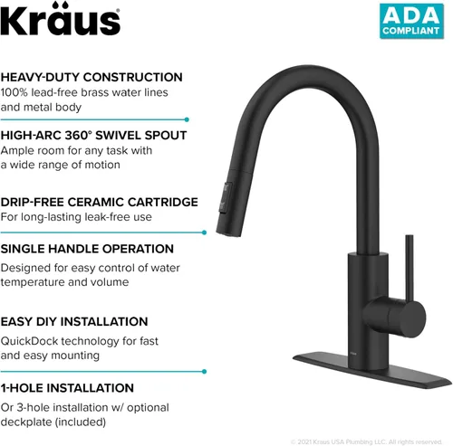 Miniatura 11 de KRAUS Oletto - Grifo de cocina extraíble con un solo mango con ensamble de montaje superior QuickDock en negro mate, KPF-2620MB