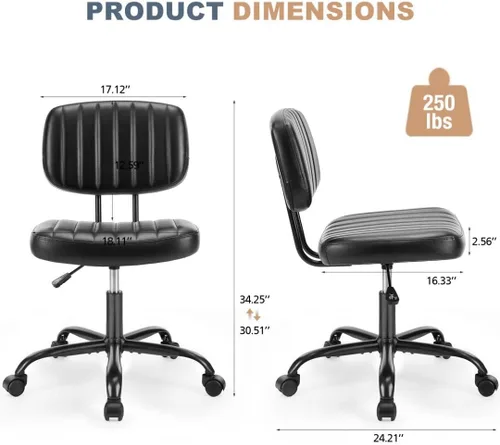 Miniatura 3 de Silla de escritorio de oficina sin brazos, soporte lumbar de respaldo bajo, pequeña ergonómica, silla giratoria de piel sintética de 360° con altura