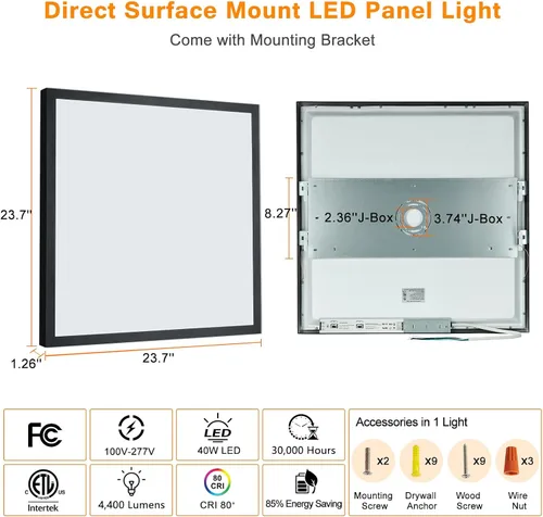 Miniatura 8 de Luces LED de panel de montaje en superficie negras 2x2, 40W-30W-20W y 5000K-4000K-3000K seleccionables, regulables de 0-10V, cuadradas, para cocina