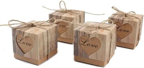 KUPOO 50 cajas de regalo de caramelo, papel kraft vintage con cordel de arpillera, bolsa de regalo de corteza de imitación de corazón de amor para