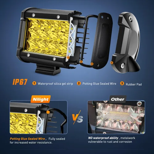 Miniatura 5 de Nilight Barra de luz LED, 2 unidades, 4 pulgadas, 36 W, color amarillo, combo de punto de inundación, lámpara de conducción de triple fila