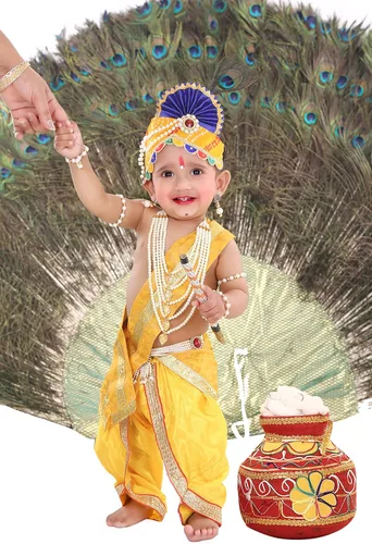 Raj Fancy Dresses Vestido Shri Krishna para bebés niño y niña vestido Janmashtmi con Dhoti Dupatta vestido Kanha para 3 meses a 8 años
