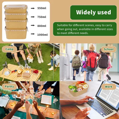 Miniatura 6 de Paquete de 25 cuencos de papel de 19 onzas, recipientes desechables con tapas, cuencos rectangulares desechables con tapas, cuencos de ensalada