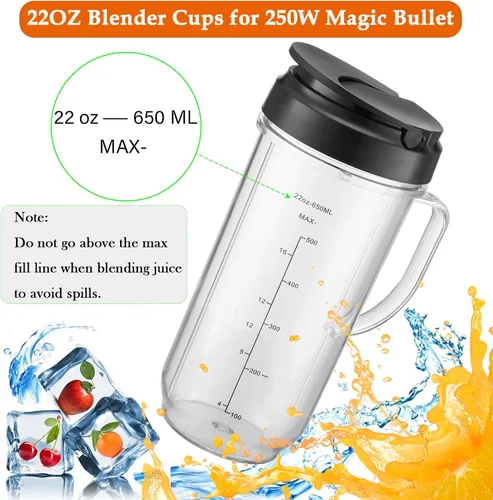 Miniatura 4 de Vasos de repuesto para piezas de repuesto Magic Bullet de 22 onzas compatibles con Magic Bullet MB1001 MBR-0701AK de 250 W (marcas medidas), tapa