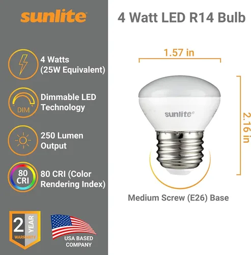 Miniatura 2 de Bombillas LED Sunlite R14 de luz de inundación mini, 4 vatios (equivalente a 25W), 250 lúmenes, base mediana (E26), regulable, listado ETL, blanco