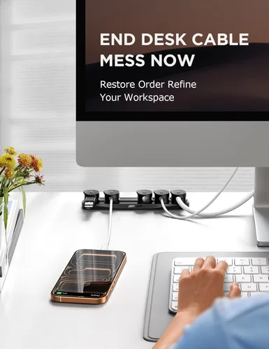 Miniatura 6 de Organizador magnético 5 en 1 para cables JOYROOM [pista deslizante ajustable] para debajo del escritorio, organizador de cables adhesivos