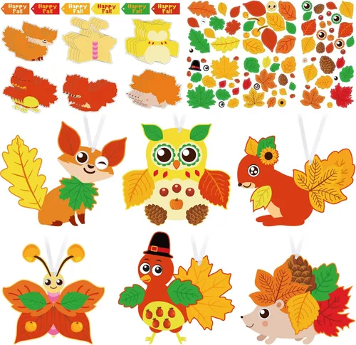 Juego de 24 juegos de manualidades de otoño, lindos animales, calcomanías de manualidades a granel, pavo, otoño, búho, decoración, hojas de arce,