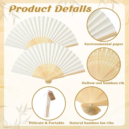 Miniatura 3 de Roowest Paquete de 50 abanicos plegables de papel hechos a mano con bolsas de regalo, tarjeta de agradecimiento, ventilador plegable de mano de Beige
