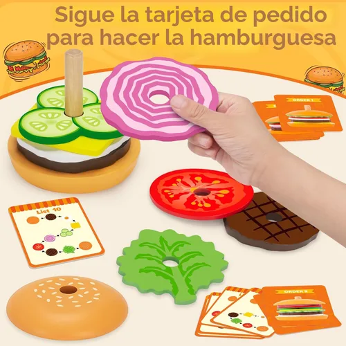 Miniatura 3 de Jumlys Montessori Juguetes de Madera Apilables de Hamburguesa para Niños de 2, 3, 4, 5 Años, Juguetes de Motricidad Fina para Niños y Niñas
