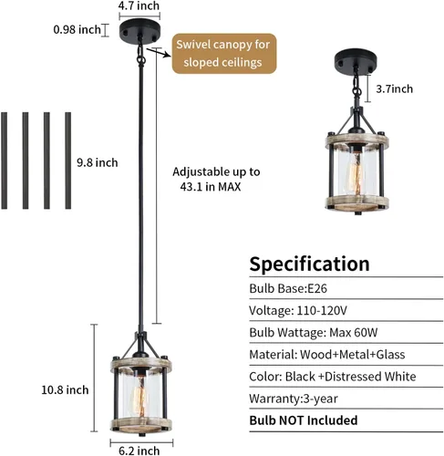 Miniatura 8 de Lámpara Colgante de Granja, Accesorios de Luz Colgante de Madera Blanca Rústica y Jaula de Metal con Vidrio, 43 Pulgadas Ajustable para Techo Plano