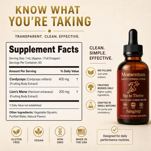 Miniatura 7 de Momentum Cordyceps & Lion's Mane - Gotas de tintura de hongos - Extracto líquido Energy & Focus - Ingredientes orgánicos - 2 onzas