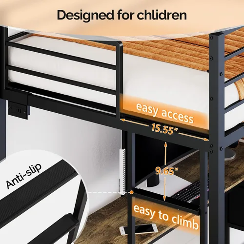 Miniatura 7 de VINGLI Base de cama individual de metal con barandilla de seguridad de 15 pulgadas, escalera antideslizante, 2 estaciones de carga, escritorio