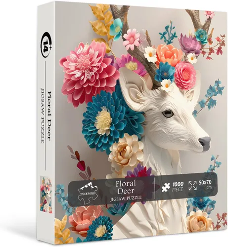 PICKFORU Rompecabezas de ciervos para adultos de 1000 piezas, coloridos rompecabezas florales de plantas, lindos animales, tema artístico único e