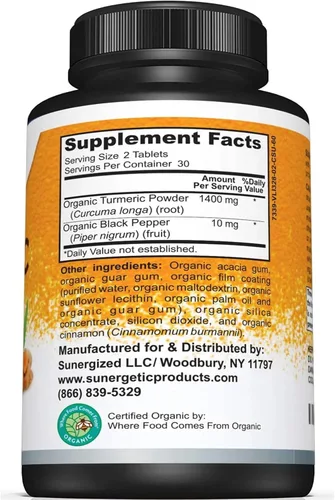 Miniatura 2 de Suplemento de cúrcuma orgánico certificado por USDA, incluye cúrcuma orgánica y pimienta negra orgánica, 1,400 mg de cúrcuma por porción, 60