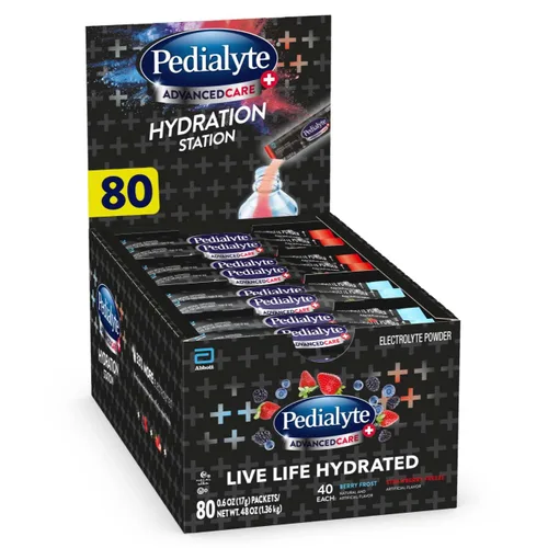 Pedialyte AdvancedCare Plus - polvo electrolítico, con un 33% más de electrolitos y prebióticos preactivos, variedad de estación de hidratación, 80