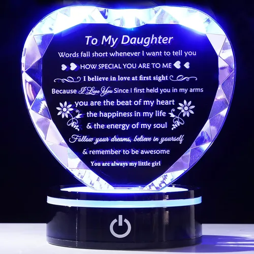 YWHL Regalos para Hija de Mamá Papá Mejores Ideas de Regalos de Cumpleaños y Graduación para Hija Adulta Recuerdo de Cristal con Base de Luz Regalo