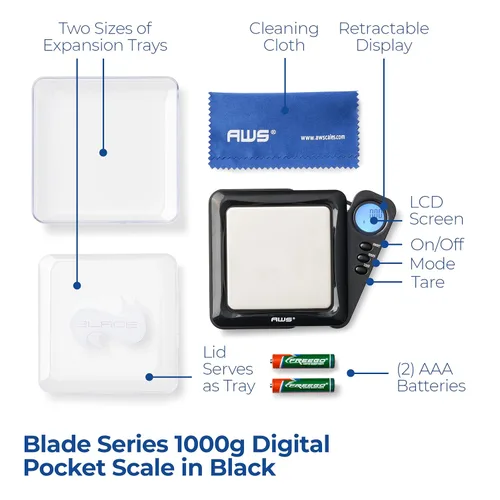 Miniatura 2 de American Weigh Scales Serie Blade Escala Digital de Bolsillo en Gramos 1000g x 0.1g Mini Escala de Precisión de 0.1g de Exactitud, Escala de Negro