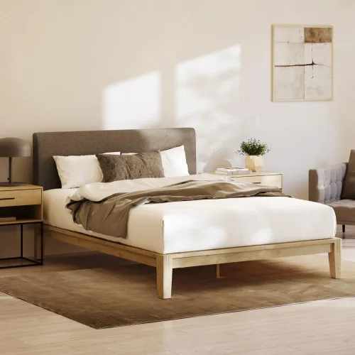 Miniatura 18 de Nectar Base de cama de plataforma de bambú y cabecera tapizada, tamaño Queen, color natural/lino, patas de soporte central flotantes, altura de 12