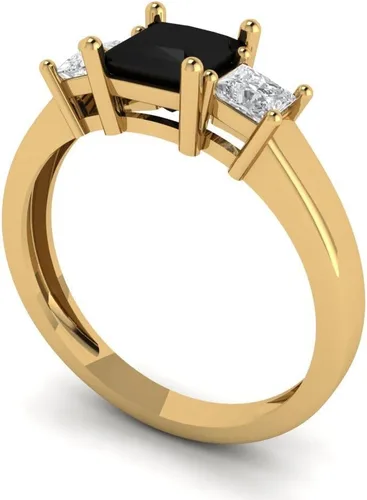 Miniatura 2 de 0.89ct Corte Princesa 3 piedras Solitario Wacento Negro Onyx Diseñador Boda Nupcial Art Deco Aniversario Anillo de 14k Oro Amarillo