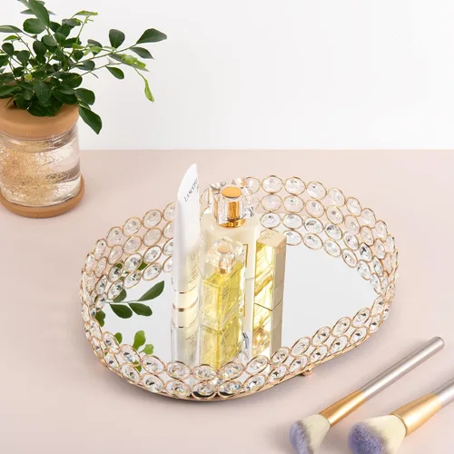 Miniatura 5 de Feyarl Bandeja de perfume de cristal, organizador de maquillaje, joyería ornamentada, baratija, herramientas cosméticas, almacenamiento decorativo