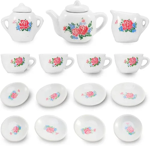Juego de té de cerámica de porcelana en miniatura floral de 17 piezas, juego de simulación para niños, juego de cocina pequeño, muñeca divertida