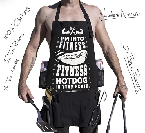 Miniatura 3 de FITNESS HOTDOG - Dirty Funny Trashy Sexy Nasty BBQ Delantal - 100% Lona - 5 Bolsillos - 4 bucles para herramientas - 2 soportes para cerveza