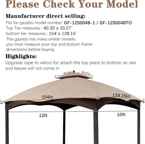 Miniatura 2 de SCOCANOPY - Toldo de repuesto color Beige Claro Ripstop para gazebo Lowe's Allen Roth 10 x 12 Modelo #GF-12S004B-1 / GF-12S004BTO Ripstop beige claro