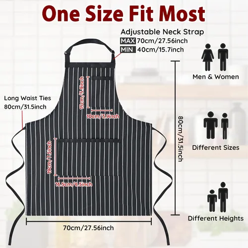 Miniatura 4 de Paquete de 2 delantales de cocina a rayas para hombres y mujeres, delantal ajustable con 3 bolsillos, delantal de chef para cocinar, hornear