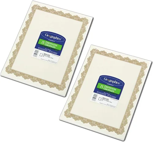 Geographics : Certificados de papel pergamino, 8-1/2 x 11, Optima Gold Border, 25 por paquete -:- Se vende como 2 paquetes de - 25 - / - Total de 50