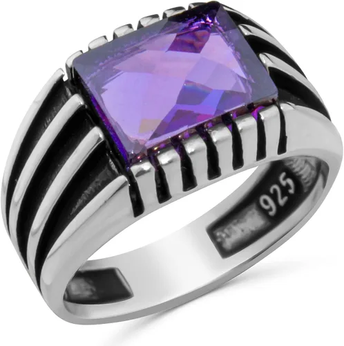 Anillo de lujo de plata de ley 925 sólida para hombre con piedra de amatista simulada púrpura transparente facetada, Metal Metal Piedra, Amatista de