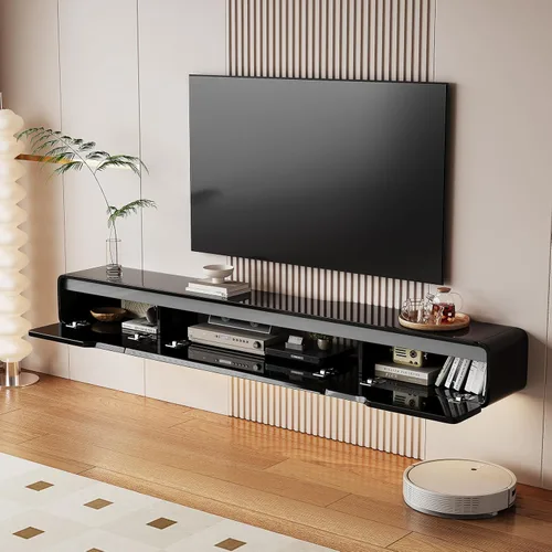 Miniatura 3 de FurniNova Soporte de TV flotante de alto brillo con 3 puertas, mueble de TV de 47'' montado en pared, consola bajo TV, estante de medios flotante