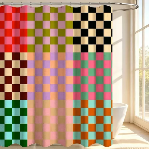 Miniatura 3 de Linen Checkerboard Shower Curtain Seats,Mid-Century Geometric Curtains for Bathroom,Morden Boho Colorful Art Shower Curtains 72x72 Inch