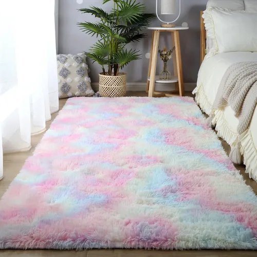 Miniatura 2 de Alfombras para dormitorio de niñas sala de estar: alfombra de área peluda de 5 x 7 para sala de juegos de niños, alfombra peluda de felpa pastel