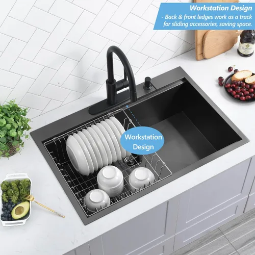 Miniatura 3 de Scamall - Fregadero de cocina con estación de trabajo, 33 x 22 x 10 pulgadas, fregadero de cocina negro 304 de acero inoxidable 304 con montaje