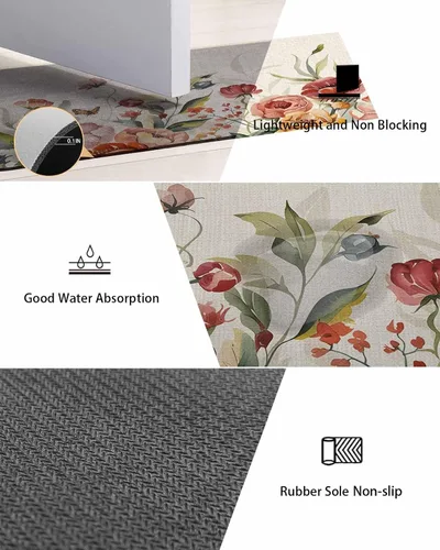 Miniatura 8 de Tapete de baño con flores retro para bañera, antideslizante, de secado rápido y absorbente, tierra de diatomeas, fregadero de cocina, ducha