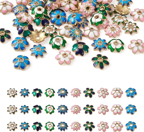 Craftdady 60 tapas de cuentas de flores esmaltadas de aleación, 10 estilos, colores mezclados, pequeñas a medianas, tapas de extremo para