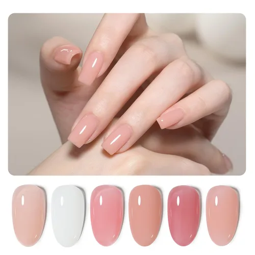 GAOY Juego de gel base de goma de 6 colores, gel de uñas base constructor gelatinoso nude transparente blanco rosa, fortalecedor de uñas remojable 2