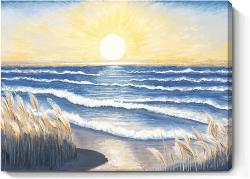 Miniatura 17 de Arte de pared para decoración de baño, imagen de playa azul, tema oceánico, impresión en lienzo de flores, pintura moderna de paisaje marino