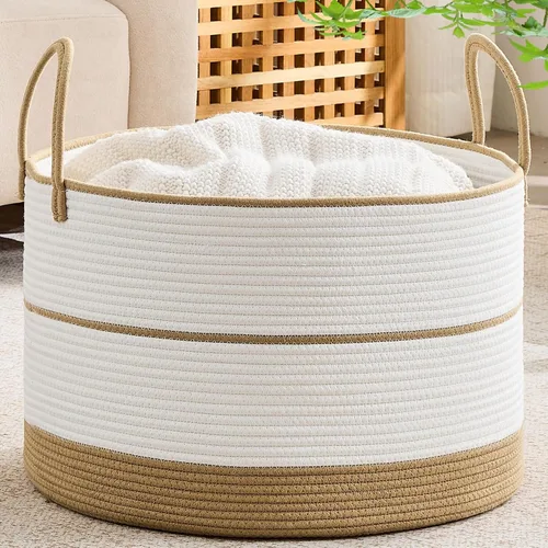 Miniatura 17 de KAKAMAY Cesta grande para manta (20 x 13 pulgadas), cestas tejidas para almacenamiento de ropa sucia de bebé, canasta de manta de cuerda de algodón