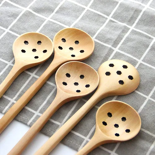 Miniatura 8 de 1 cuchara de madera de olivo, 11 pulgadas, estilo coreano, mango largo, cucharas redondas ranuradas de madera para mermelada de oliva