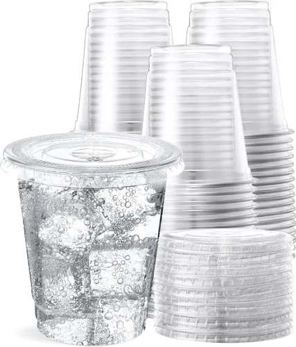 SHOPDAY Vasos de plástico desechables con tapas, vasos de plástico transparente de 8 onzas, paquete de 100 recipientes para bebidas frías, tazas de