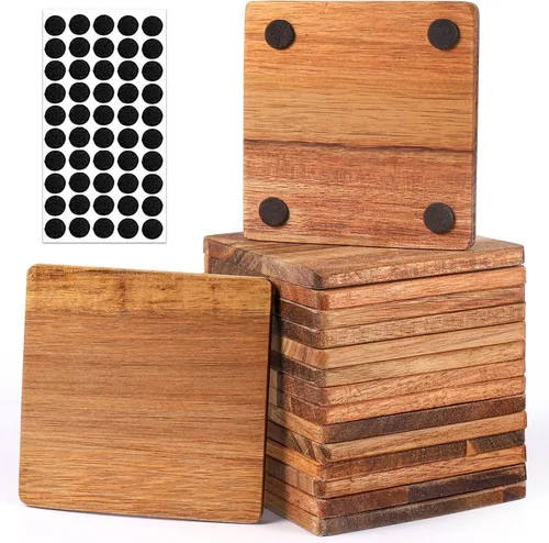16 posavasos de madera sin terminar, posavasos cuadrados de madera de acacia de 4 pulgadas para manualidades con puntos de silicona antideslizantes
