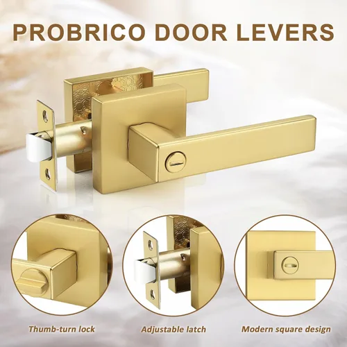 Miniatura 4 de Probrico - Paquete de 2 manijas de puerta de privacidad doradas, pomos de puerta de latón satinado resistentes para dormitorio y baño, cerraduras